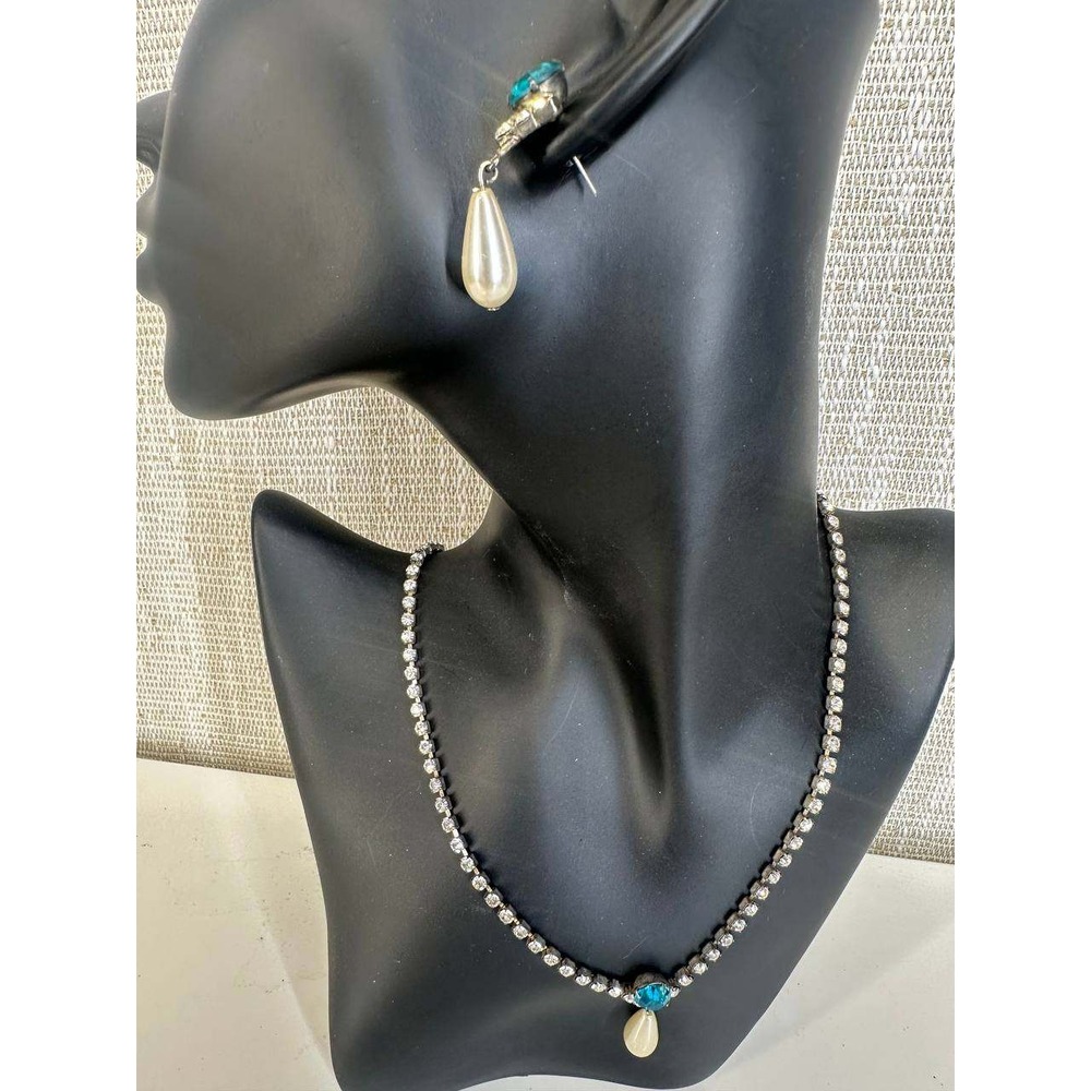 Vintage Rhinestone Faux Pearl Teal Blue Crystal Necklace Earring Set - 058 (71)‎